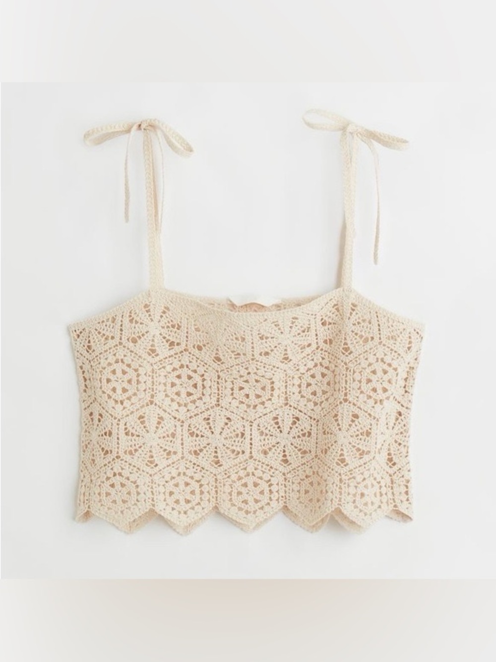 H&M Crochet Knit Tie-Shoulder Crop Top in Cream